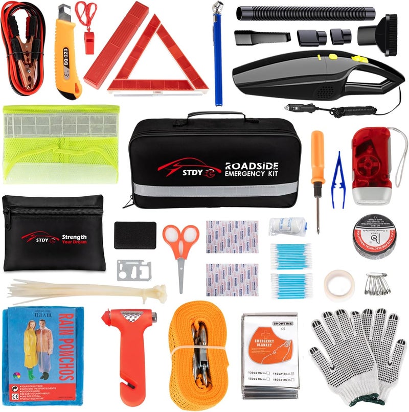 STDY Car Roadside Emergency Kit, Vehicle Truck Safety Road Side Assistance Kits Auto Accessory, with Jumper Cables, Car Vacuum, etc - Image 1